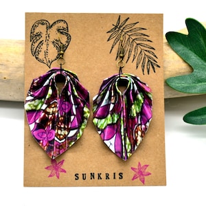 Origami folding paper earrings with wax print African flowers purple green brown