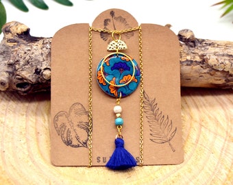 collier sautoir coloré en bois et papier résiné inspiration wax fleur ginkgo bleu orange  doré bijoux femme