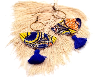 Boucles d'oreilles papier pagne wax Africain forme éventail jaune orange bleu bijoux femme ethnique pompon