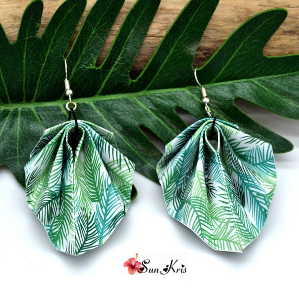 Boucles d'oreilles origami vertes feuilles palmier bijoux papier cadeau femme japonais