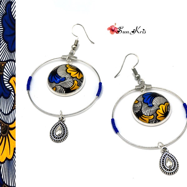 Creole earrings silver African wax paper flower pagne yellow blue charms Antique water drop cabochon ethnic glass