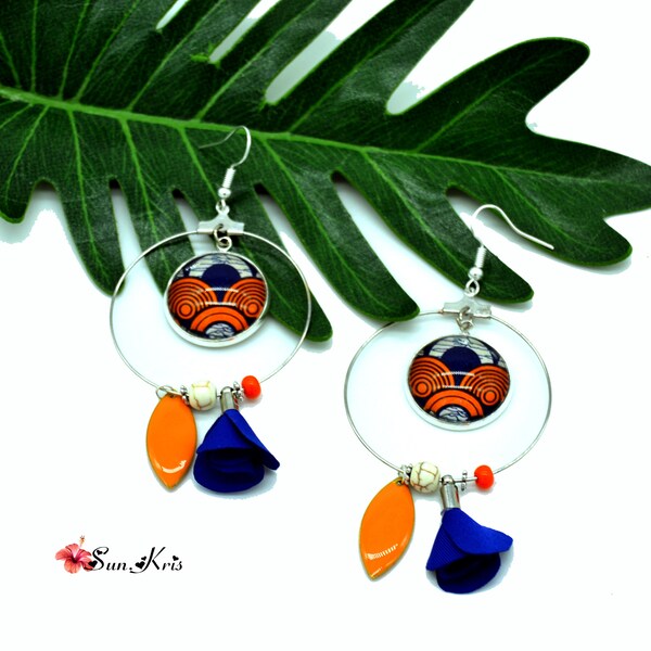 Créoles boucles d'oreilles bohème argent perles wax - pagne bleu orange , ethnique  graphique , cabochons