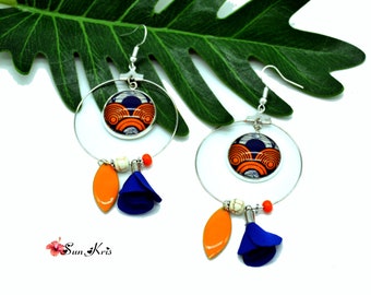 Créoles boucles d'oreilles bohème argent perles wax - pagne bleu orange , ethnique  graphique , cabochons