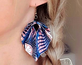 Earrings paper folding origami leaf printed African fabric wax fruit color blue pink