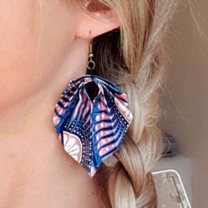 Origami folding paper earrings leaf printed African fabric wax fruit color blue pink