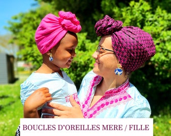 Boucles d'oreilles Mère / Fille wax en bois et papier résiné fleur de mariage bleu doré