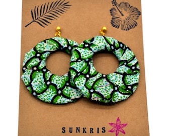 Hoop earrings in African wax fabric, green, white, and black