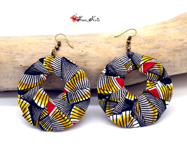 Large earrings in african wax fabric yellow black red African Creoles ethnic