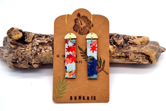 Boucles d'oreilles japonaises en bois et résine, rectangles motif papier érable