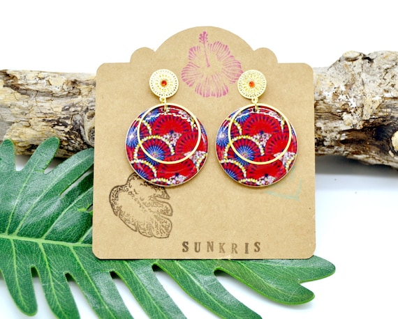boucles d'oreilles en bois et papier résiné motif japonais rouge bleu or cadeau bijou femme