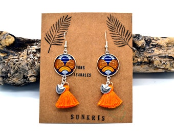 Boucles D'oreilles Pendantes Ethniques Bleu Et Orange - Argent 925 - Occasion Bon état