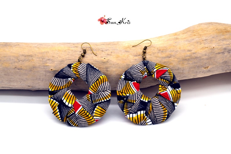 Large earrings in african wax fabric yellow black red African Creoles ethnic