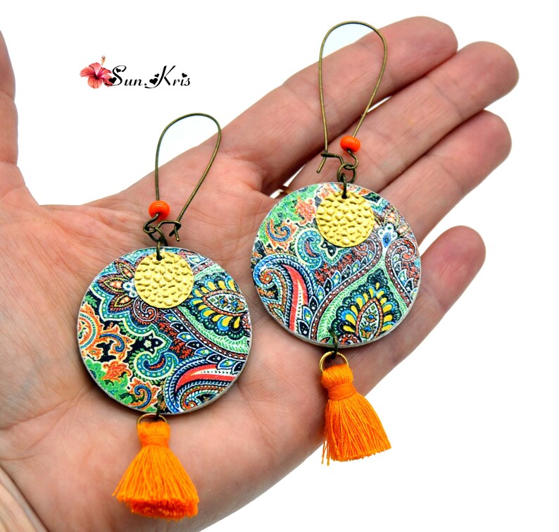 Boucles D'oreilles Pendantes Ethniques – Bleu Et Orange Sur Argent 925 – Occasion Bon état