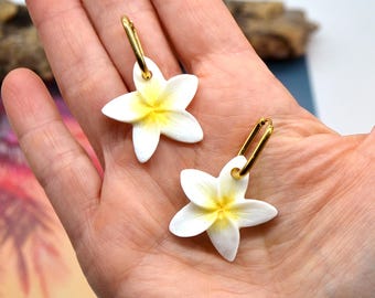 Frangipani Hoop Earrings, Handmade Resin Flower Earrings, Exotic Floral Jewelry, Boho Gift for Women, Tropical Wedding, Stainless Steel