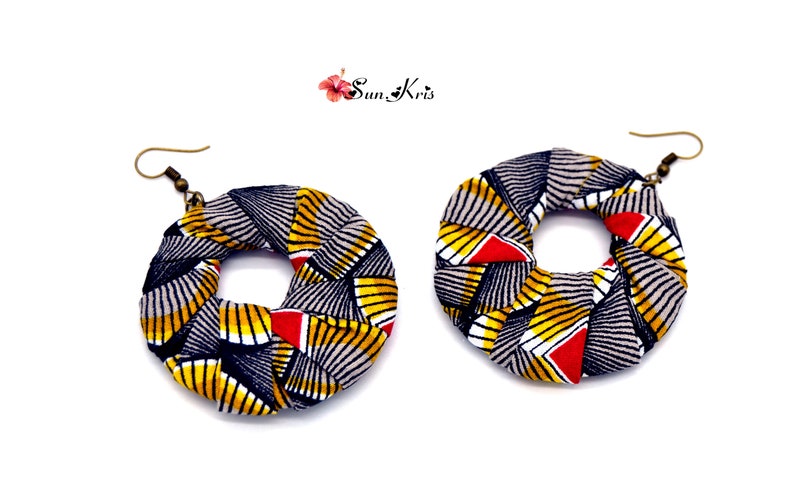 Large earrings in african wax fabric yellow black red African Creoles ethnic