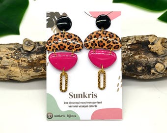 Leopard and fuchsia rose resin earrings – Ethnic and colorful jewelry – Gift for women