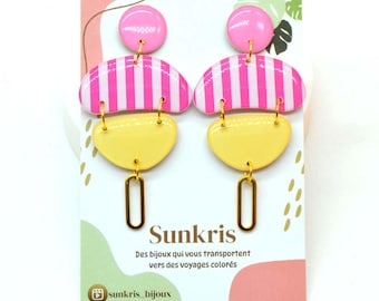 Graphic art resin stripe earrings in pink and yellow — summer gift for women