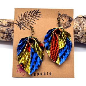 Ethnic paper earrings in origami wax print African flowers blue orange yellow