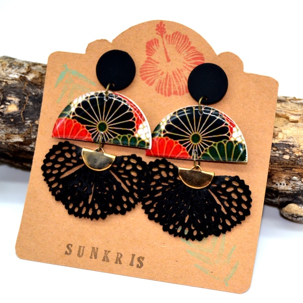 boucles d'oreilles résine et papier motif japonais fleurs rouge vert blanc noir