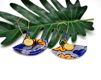 earrings with printed blue and golden yellow flower wax fabric African ethnic jewelry