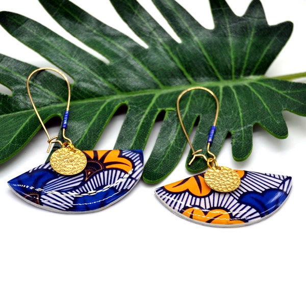 earrings with printed blue and golden yellow flower wax fabric African ethnic jewelry