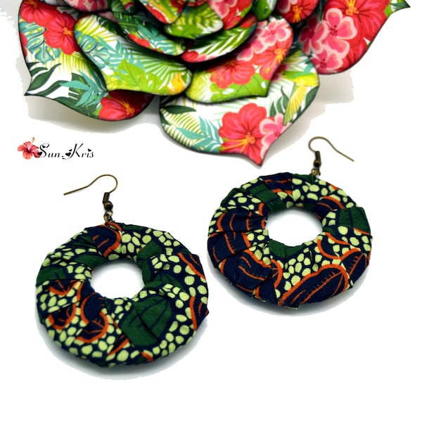 Grandes boucles d'oreilles en tissu wax Africain orange vert bleu, boucles d'oreilles créoles africaines ethnique