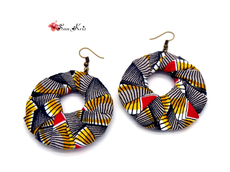 Large earrings in african wax fabric yellow black red African Creoles ethnic