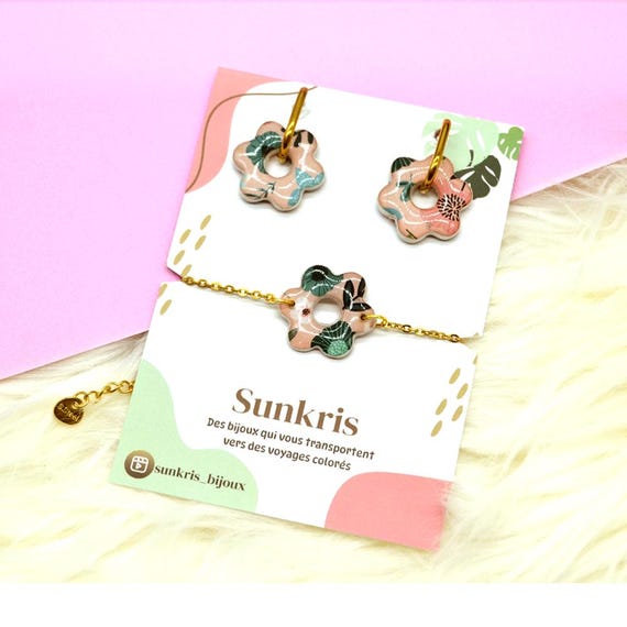 Parure fleur en résine – Bracelet réglable acier inoxydable et boucles d’oreilles assorties – Bijou floral fait main – Cadeau femme