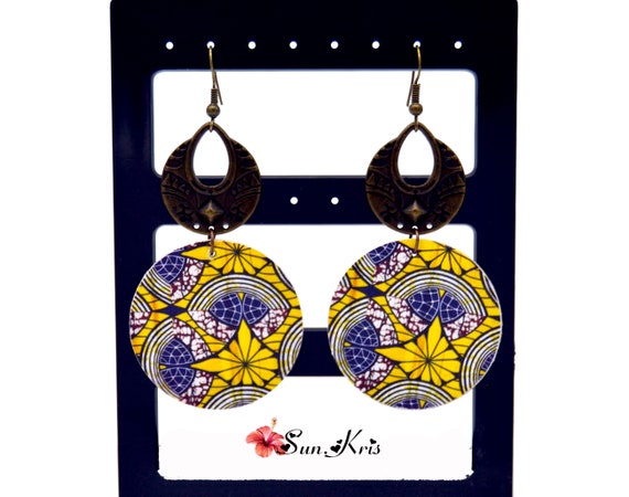 Large earrings in african wax fabric yellow black red African Creoles ethnic