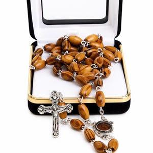 Olive Wood Rosary with Silver Cross, Holy Land Soil, Certificate (Velvet Box)