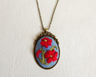 Embroidered necklace Vintage necklace for women Unique embroidered jewelry Red poppies necklace Denim necklace Wife gift Mother's gift