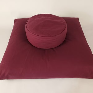 Meditation Cushion Set - Burgundy Thick Zabuton & Burgundy Buckwheat Button Zafu