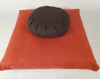 Meditation Cushion Set - Terra Cotta Thick Zabuton and Dark Chocolate BW Round Zafu