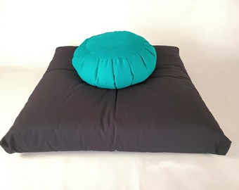 Meditation Cushion Set - Thick Black Zabuton and Aqua BW Zafu