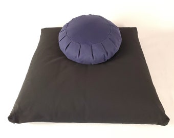 Meditation Cushion Set - Black Thick Zabuton and  Navy Blue BW Round Zafu