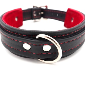 Black Leather Collar with Red Stitching & Blood Red Elk Suede Lining