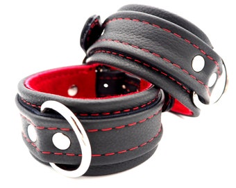 High Quality- Black Leather Cuffs W/ Blood Red Elk Suede Lining