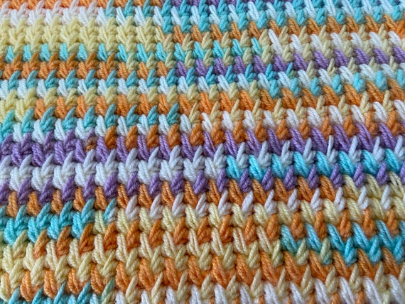 Crochet Baby Blanket, Hand Made, Feather Design, Variegated Yarn 