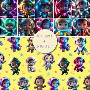 Könnte beinhalten: Eine digitale Sammlung mit 100 Illustrationen und 6 Mustern von Babys in bunten Raumanzügen. Die Bilder zeigen Säuglinge mit großen Augen, die Helme und Anzüge in verschiedenen Neonfarben vor einem gelben Hintergrund mit Sternen tragen.
