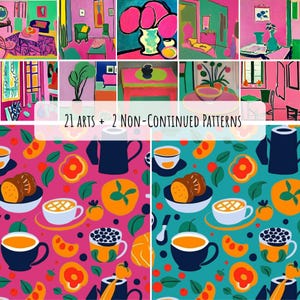 Pode incluir: Uma coleção digital de 21 impressões artísticas e 2 padrões repetitivos com ilustrações vibrantes de chávenas, taças de fruta e bules em tons de rosa e turquesa. O texto 21 ARTS + 2 NON-CONTINUED PATTERNS está centralizado.