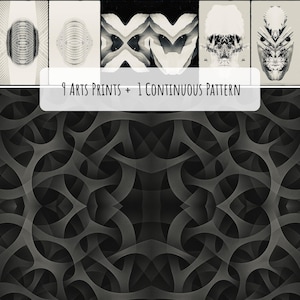 Abstraktes geometrisches Wandbild-Set – 9 brutalistische Schwarz-Weiß-Symmetrien + 1 nahtloses dunkles geometrisches Muster | Cyberpunk-Rorschach-Poster