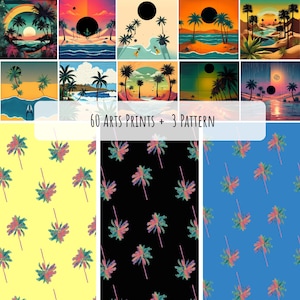 May include: A collection of 60 digital art prints featuring tropical sunset landscapes with palm trees and 3 repeating patterns of colourful palm trees on yellow, black, and blue backgrounds, with the text 60 ARTS PRINTS + 3 PATTERN.