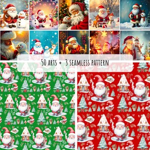 Christmas Digital Paper Clipart Mega Bundle - 50 Santa Claus Wall Art Prints + 3 Seamless Festive Patterns | Cute Holiday Crafts Backgrounds