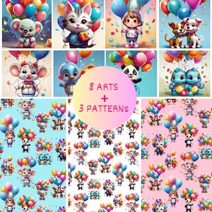 Happy Birthday Digital Art Bundle 8 Cute Birthday Animal Prints + 3 Seamless Patterns Kids Party Clipart, Celebration Wallpaper Sublimation