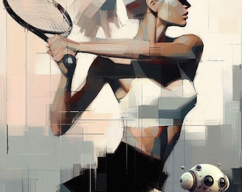 Set van 7 digitale prints van damestennis – Abstracte en moderne tenniskunst, minimalistische sportposter, eigentijdse decoratie voor de slaapkamer