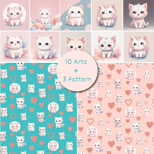 Kawaii Cute Kitten Digital Art Bundle – 10 Watercolor Baby Cat Prints & 3 Seamless Heart Patterns | Pastel Pink Nursery Wall Art Chibi Kitty