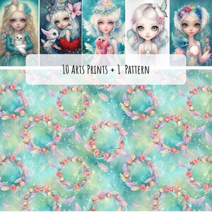 Peut inclure: Une collection numérique comprenant 10 impressions d'art de personnages stylisés aux grands yeux avec des accents floraux, plus un motif répétitif de couronnes de roses roses sur fond sarcelle avec le texte 10 Arts Prints + 1 Pattern.