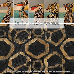 Pode incluir: Um conjunto de cinco impressões artísticas com ilustrações estilizadas de uma girafa, pelicano, hipopótamo, leopardo e macaco, ao lado de um padrão contínuo de formas hexagonais pintadas a ouro sobre um fundo preto texturizado.
