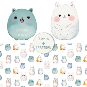 Pode incluir: Duas ilustrações arredondadas de animais de desenho animado, uma em azul-petróleo e outra em branco, com o texto CYBER KIDS. Abaixo, um padrão repetitivo mostra esses personagens ao lado de pequenos objetos coloridos, com um círculo central rotulado 2 ARTS + 1 PATTERN.
