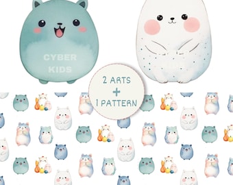 3 clipart digitali di gattini con stampa ad acquerello, 2 illustrazioni PNG e 1 motivo continuo per sublimazione, cucito e cartoleria.